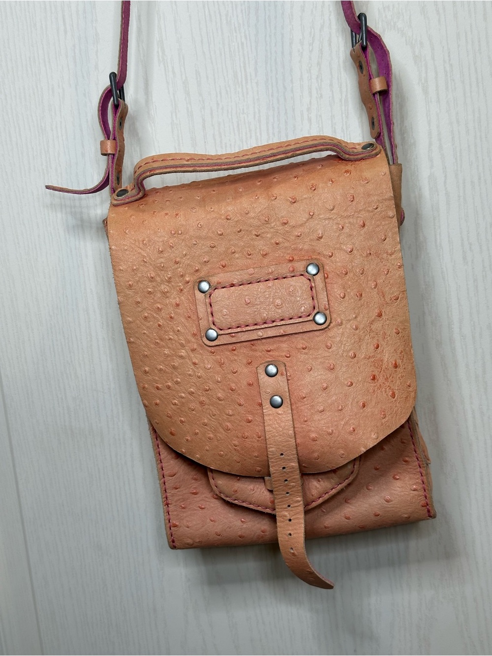 Handmade Ostrich Embossed Leather Crossbody Bag Pink/Tan Artisan Boho Pouch